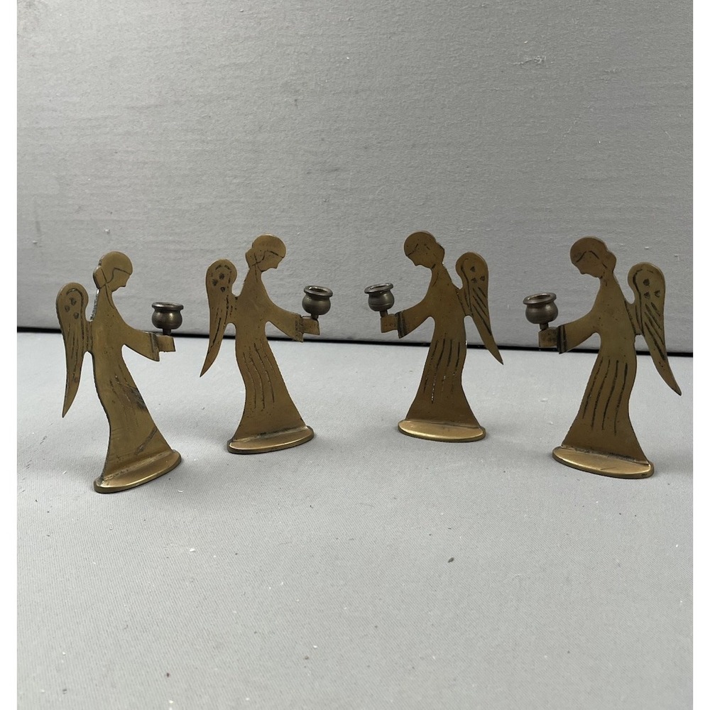 Vintage Brass Angel Candle Holder MCM Christmas Holiday Religious - Lot Of 4